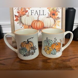 Autumn 2 Pumpkin Themed Ceramic Mugs - Cream and Orange Double Sided, NWT